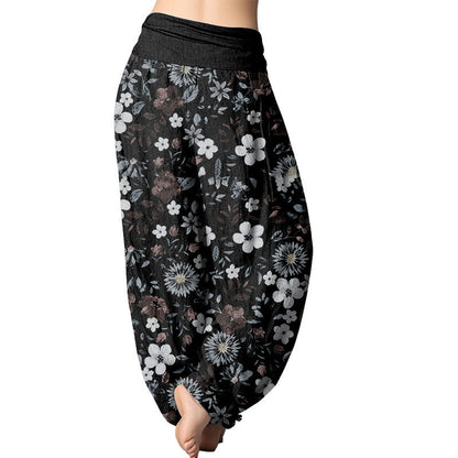 Pantalones harén con cintura elástica para mujer, diseño informal de diente de león y flores rojas y blancas de Mythstone 