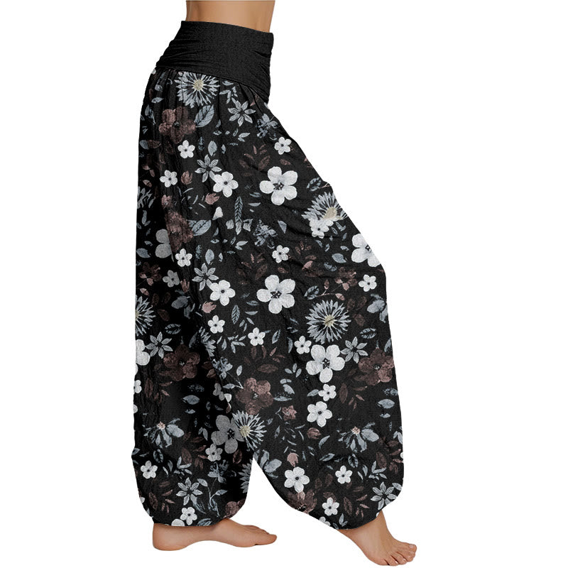 Pantalones harén con cintura elástica para mujer, diseño informal de diente de león y flores rojas y blancas de Mythstone 