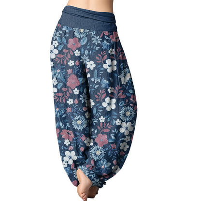 Pantalones harén con cintura elástica para mujer, diseño informal de diente de león y flores rojas y blancas de Mythstone 