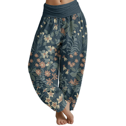 Mythstone Casual Daisy Flowers Leaves Design Women's Elastic Waist Harem Pants