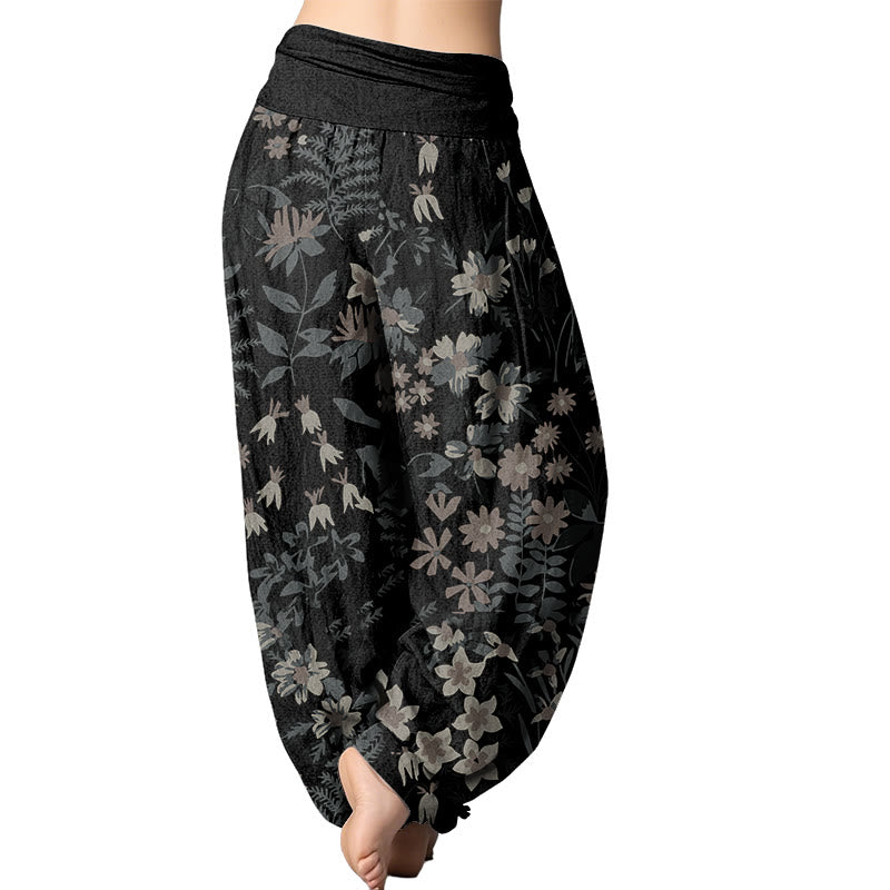 Mythstone Casual Daisy Flowers Leaves Design Women's Elastic Waist Harem Pants