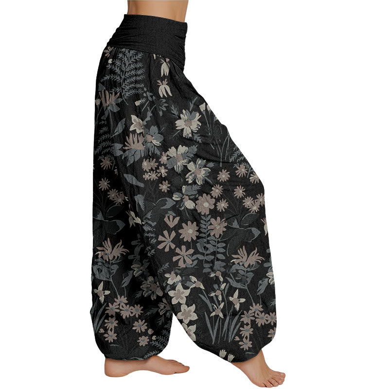 Mythstone Casual Daisy Flowers Leaves Design Women's Elastic Waist Harem Pants