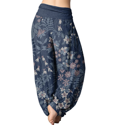 Mythstone Casual Daisy Flowers Leaves Design Women's Elastic Waist Harem Pants