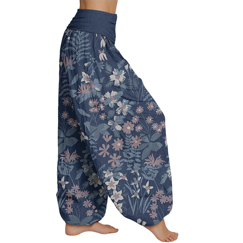 Mythstone Casual Daisy Flowers Leaves Design Women's Elastic Waist Harem Pants