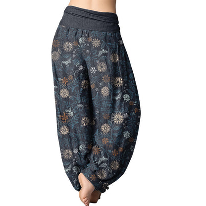 Mythstone Casual New York Aster Flowers Leaves Design Women's Elastic Waist Harem Pants