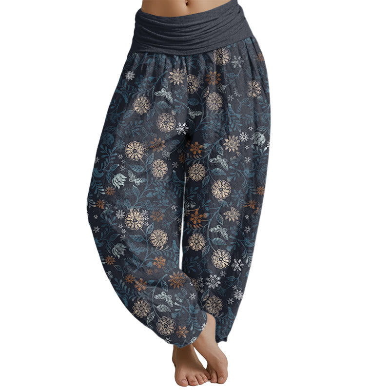 Mythstone Casual New York Aster Flowers Leaves Design Women's Elastic Waist Harem Pants