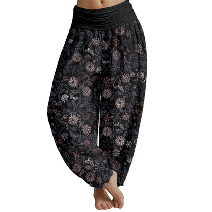 Mythstone Casual New York Aster Flowers Leaves Design Women's Elastic Waist Harem Pants