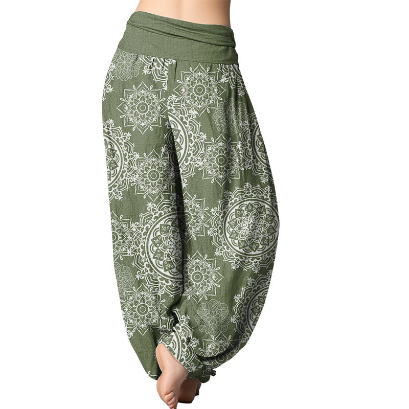 Mythstone Casual White Mandala Flower Design Women's Elastic Waist Harem Pants