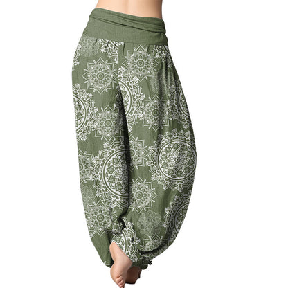 Mythstone Casual White Mandala Flower Design Women's Elastic Waist Harem Pants