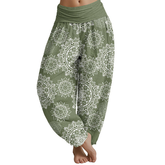 Mythstone Casual White Mandala Flower Design Women's Elastic Waist Harem Pants