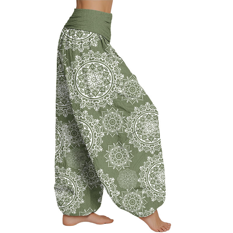 Mythstone Casual White Mandala Flower Design Women's Elastic Waist Harem Pants