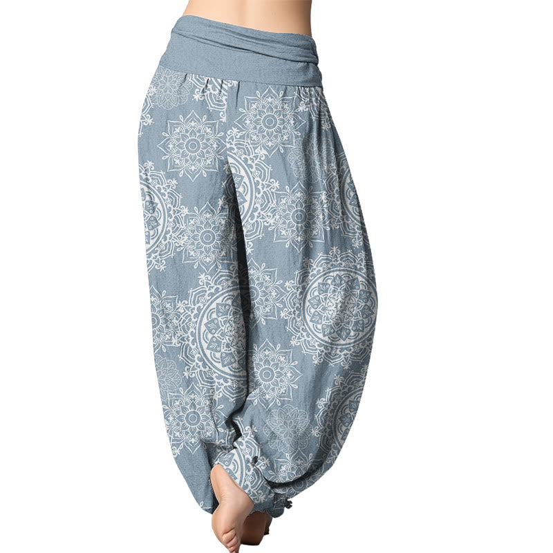 Mythstone Casual White Mandala Flower Design Women's Elastic Waist Harem Pants