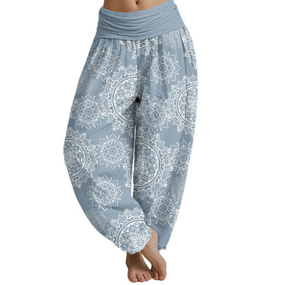 Mythstone Casual White Mandala Flower Design Women's Elastic Waist Harem Pants