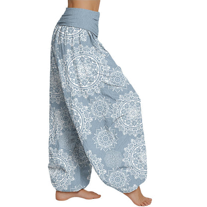 Mythstone Casual White Mandala Flower Design Women's Elastic Waist Harem Pants