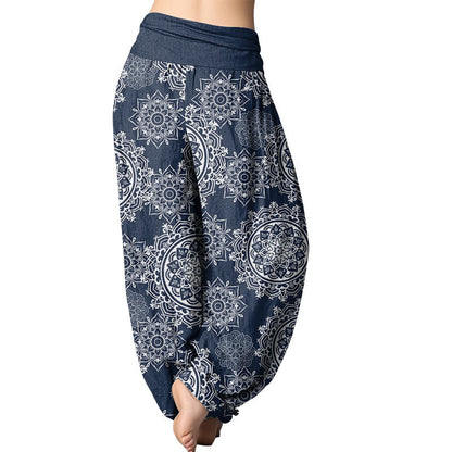 Mythstone Casual White Mandala Flower Design Women's Elastic Waist Harem Pants