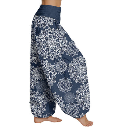 Mythstone Casual White Mandala Flower Design Women's Elastic Waist Harem Pants