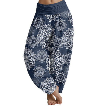 Mythstone Casual White Mandala Flower Design Women's Elastic Waist Harem Pants