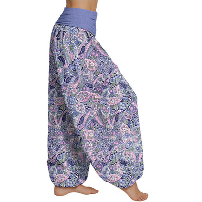 Pantalones harén con cintura elástica para mujer con diseño de flores de anacardo de Mythstone 