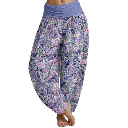 Pantalones harén con cintura elástica para mujer con diseño de flores de anacardo de Mythstone 