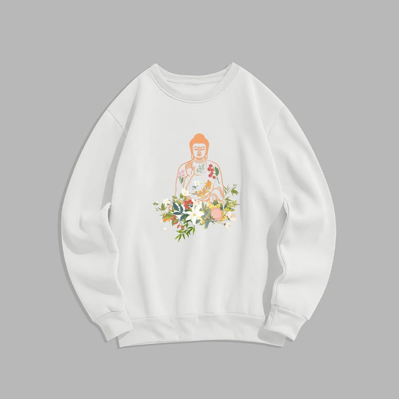 Mythstone Meditating Buddha Blooming Flowers Pattern Fleece Lined Sweatshirt