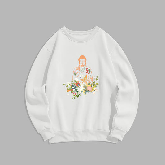 Mythstone Meditating Buddha Blooming Flowers Pattern Fleece Lined Sweatshirt