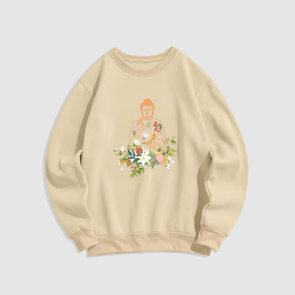 Mythstone Meditating Buddha Blooming Flowers Pattern Fleece Lined Sweatshirt