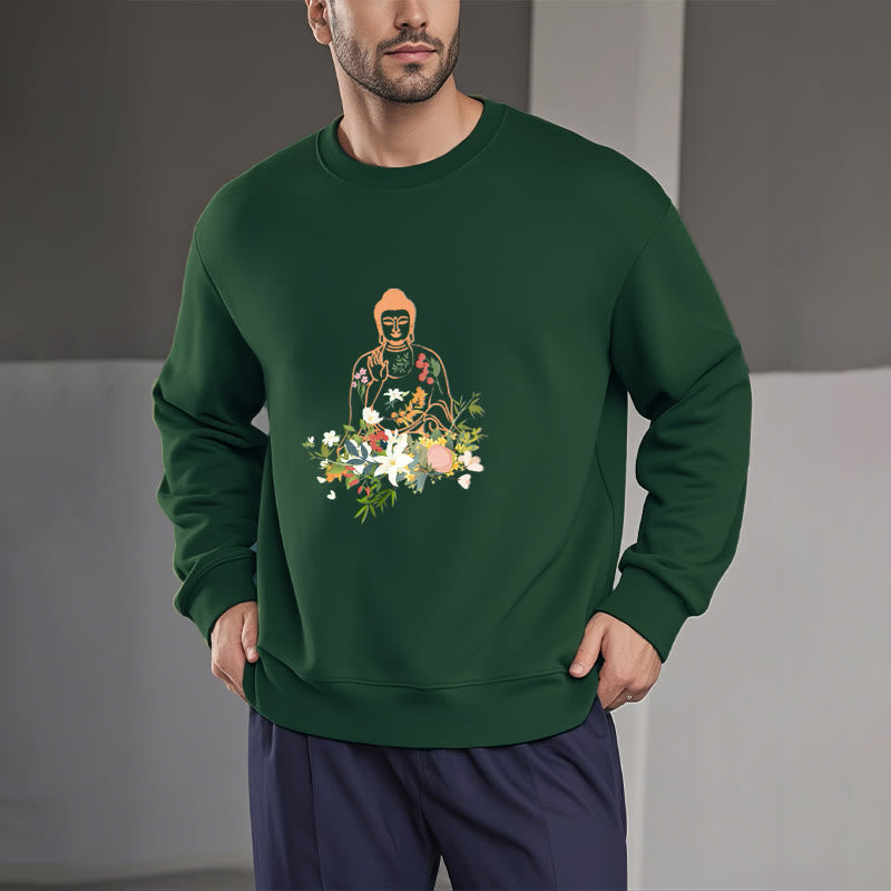 Mythstone Meditating Buddha Blooming Flowers Pattern Fleece Lined Sweatshirt