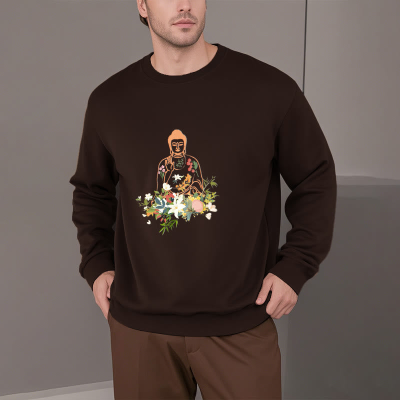 Mythstone Meditating Buddha Blooming Flowers Pattern Fleece Lined Sweatshirt