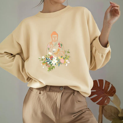 Mythstone Meditating Buddha Blooming Flowers Pattern Fleece Lined Sweatshirt