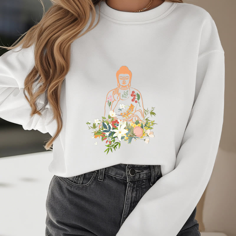 Mythstone Meditating Buddha Blooming Flowers Pattern Fleece Lined Sweatshirt