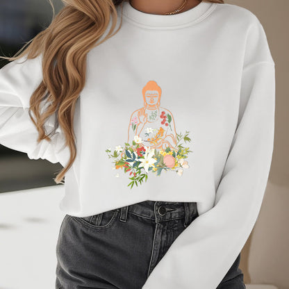 Mythstone Meditating Buddha Blooming Flowers Pattern Fleece Lined Sweatshirt