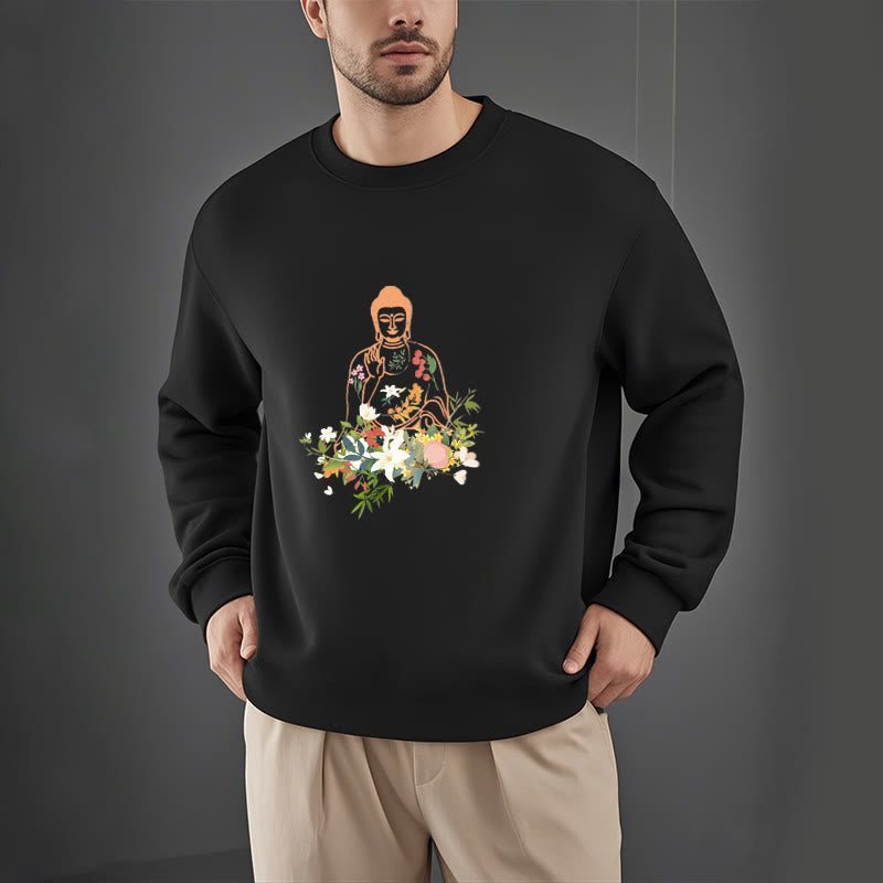 Mythstone Meditating Buddha Blooming Flowers Pattern Fleece Lined Sweatshirt