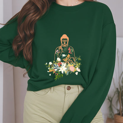 Mythstone Meditating Buddha Blooming Flowers Pattern Fleece Lined Sweatshirt