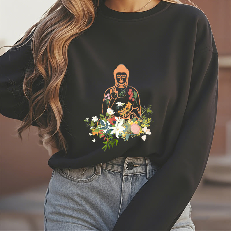 Mythstone Meditating Buddha Blooming Flowers Pattern Fleece Lined Sweatshirt