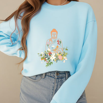 Mythstone Meditating Buddha Blooming Flowers Pattern Fleece Lined Sweatshirt