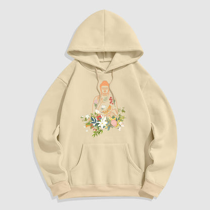 Sudadera con capucha y forro polar con estampado de Buda meditando y flores florecientes de Mythstone 