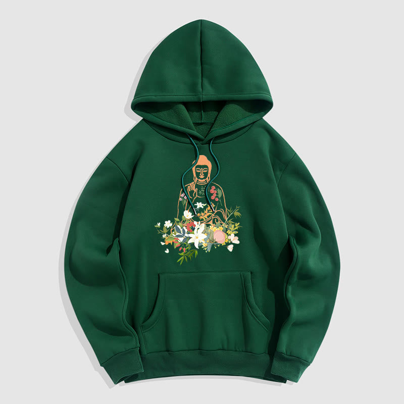 Sudadera con capucha y forro polar con estampado de Buda meditando y flores florecientes de Mythstone 