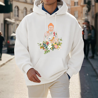 Sudadera con capucha y forro polar con estampado de Buda meditando y flores florecientes de Mythstone 