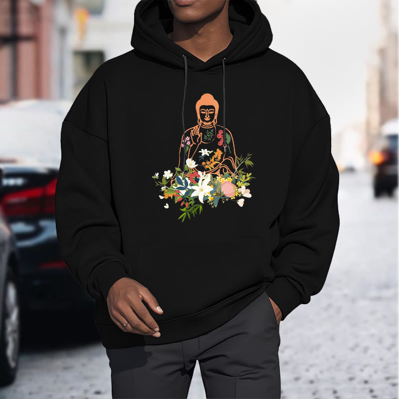 Sudadera con capucha y forro polar con estampado de Buda meditando y flores florecientes de Mythstone 