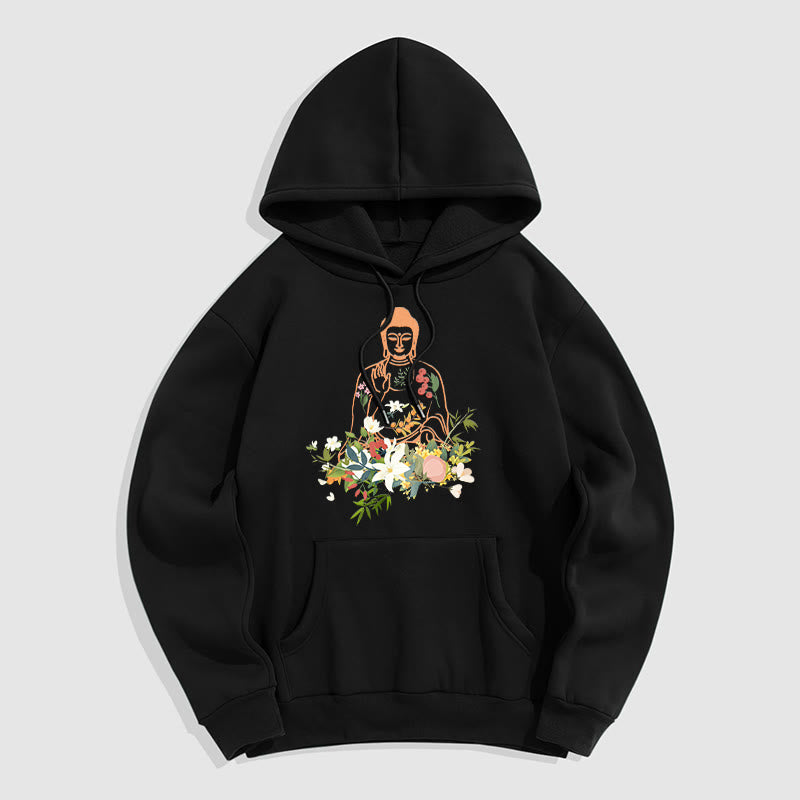 Sudadera con capucha y forro polar con estampado de Buda meditando y flores florecientes de Mythstone 