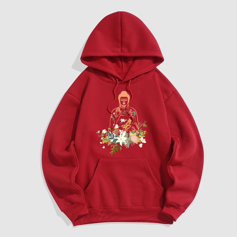 Sudadera con capucha y forro polar con estampado de Buda meditando y flores florecientes de Mythstone 