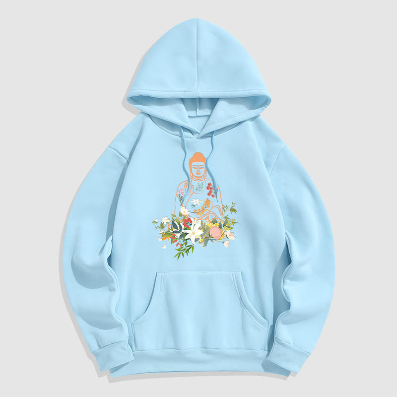 Sudadera con capucha y forro polar con estampado de Buda meditando y flores florecientes de Mythstone 