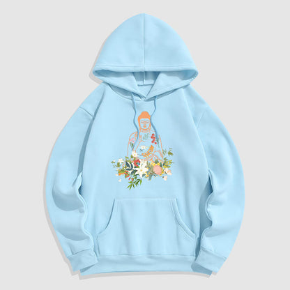 Sudadera con capucha y forro polar con estampado de Buda meditando y flores florecientes de Mythstone 