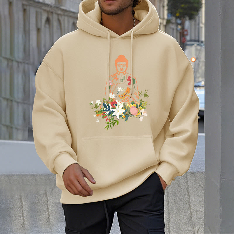 Sudadera con capucha y forro polar con estampado de Buda meditando y flores florecientes de Mythstone 