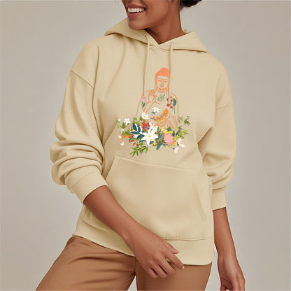 Sudadera con capucha y forro polar con estampado de Buda meditando y flores florecientes de Mythstone 