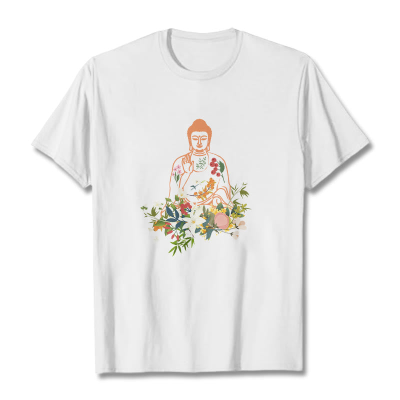 Mythstone Meditating Buddha Blooming Flowers Pattern Tee T-shirt