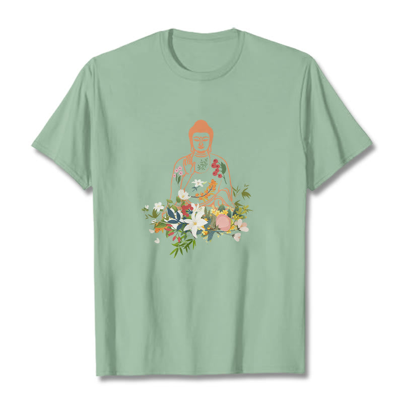 Mythstone Meditating Buddha Blooming Flowers Pattern Tee T-shirt