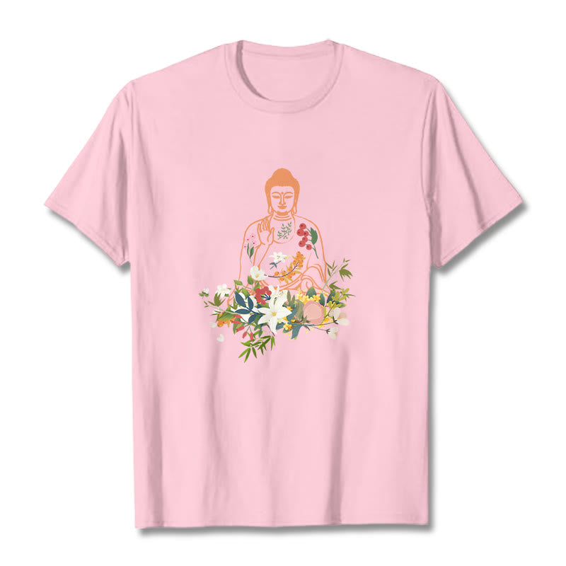 Mythstone Meditating Buddha Blooming Flowers Pattern Tee T-shirt