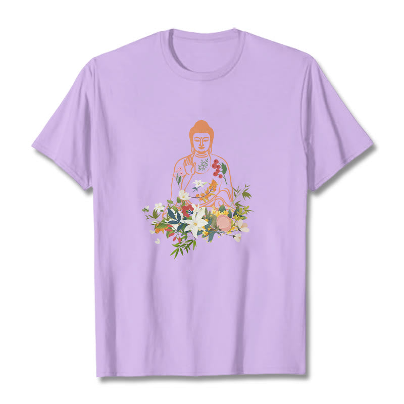 Mythstone Meditating Buddha Blooming Flowers Pattern Tee T-shirt