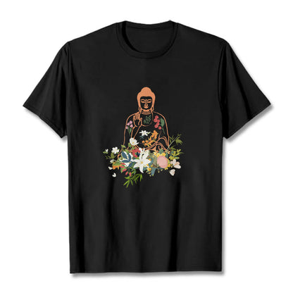 Mythstone Meditating Buddha Blooming Flowers Pattern Tee T-shirt